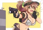  1boy 1girl armband backpack bag bikini black_gloves breasts brown_hair english_commentary fingerless_gloves giant giantess gloves green_eyes gun handgun holding holding_gun holding_weapon large_breasts long_hair navel open_mouth original pistol police police_uniform policewoman ponytail radio raps_(yohomeboyraps) size_difference swimsuit uniform visor_cap walkie-talkie weapon white_bikini 