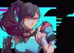  1girl black_hair boxing boxing_gloves glitch highres long_hair looking_at_viewer nashinashi odo_(song) project_sekai shiraishi_an side_ponytail sleeveless solo sports_bra yellow_eyes 