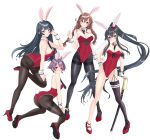  4girls absurdres agano_(kancolle) animal_ears ass asymmetrical_legwear bangs between_breasts black_hair black_legwear black_necktie blue_eyes braid breasts brown_hair detached_collar fake_animal_ears fake_tail garter_straps gloves green_eyes high_heels highres kantai_collection leotard long_hair medium_breasts multiple_girls necktie necktie_between_breasts nitamako_(sakamalh) noshiro_(kancolle) pantyhose playboy_bunny ponytail purple_eyes purple_hair red_eyes red_footwear sakawa_(kancolle) short_hair sidelocks single_thighhigh small_breasts strapless strapless_leotard swept_bangs tail thighband_pantyhose thighhighs twin_braids uneven_legwear very_long_hair white_gloves wrist_cuffs yahagi_(kancolle) 