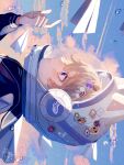  1boy animal_ears blonde_hair blue_sky cat_ears cloud cloudy_sky day harumi_nimu helmet highres long_sleeves male_focus original paper_airplane purple_eyes short_hair sky solo sticker symbol-only_commentary 