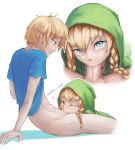  1boy 1girl bad_id bad_tumblr_id blonde_hair blue_eyes blue_shirt bottomless braid cape deepthroat eyebrows_visible_through_hair fellatio green_cape hair_between_eyes heart hetero highres hood jewelry link linkle long_hair looking_at_viewer multiple_views necklace nintendo one_eye_closed oral otonaru pale_skin penis pointy_ears pov shirt short_hair simple_background spread_legs the_legend_of_zelda twin_braids uncensored white_background 