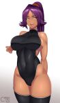  1girl absurdres arm_behind_back bangs bare_shoulders black_legwear black_swimsuit bleach breasts castell covered_navel dark-skinned_female dark_skin hairband hand_on_own_chest high_ponytail highres large_breasts long_hair looking_at_viewer one-piece_swimsuit orange_hairband parted_bangs purple_hair shihouin_yoruichi sideboob sidelocks signature skindentation smile solo swimsuit thighhighs thighs toned yellow_eyes 