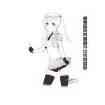  1girl breasts character_request chinese_text closed_mouth copyright_request dated ejami fingerless_gloves gloves greyscale long_hair looking_at_viewer monochrome necktie signature simple_background skirt solo thighhighs white_background 