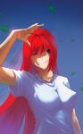  1girl absurdres aozaki_aoko bangs blue_eyes breasts closed_mouth commentary hair_intakes highres leaf long_hair mauri_sisca medium_breasts melty_blood melty_blood:_type_lumina one_eye_closed red_hair shirt short_sleeves smile solo t-shirt tsukihime tsukihime_(remake) upper_body very_long_hair white_shirt 