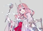  1girl :d bangs bucket eyebrows_visible_through_hair hair_between_eyes holding holding_bucket holding_ladle horns japanese_clothes kimono ladle long_hair long_sleeves looking_at_viewer miko nyoro_(nyoronyoro000) oni oni_horns open_mouth pink_eyes pink_hair ribbon-trimmed_sleeves ribbon_trim round_teeth shuna_(tensei_shitara_slime_datta_ken) smile solo splashing teeth temizuya tensei_shitara_slime_datta_ken water wavy_hair wide_sleeves wooden_bucket 