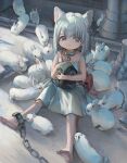  1girl animal_ears bag barefoot bunny cat_ears cat_girl chain child collar cuffs dress extra_ears feet highres kanola looking_at_viewer original petting shackles short_hair silver_hair sitting soles strap_slip sundress toes white_dress white_hair 