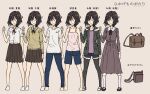  1girl bag brown_hair camisole character_sheet copyright_name freckles full_body gym_uniform handbag hikage_monogatari jacket kawashima_hatoko legwear_under_shorts pantyhose school_bag school_uniform short_hair short_shorts shorts simple_background translated urin 