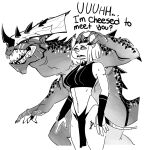  anthro black_and_white bottomwear clothing dialogue duo english_text female hair hand_on_head larger_male lizardman loincloth male mammal monochrome murid murine nervous open_mouth rat reptile rodent scales scalie sharp_teeth size_difference skaven smaller_female teeth text unknown_artist warhammer_(franchise) 