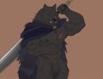  absurd_res anthro blaidd_(elden_ring) canid canine canis cape cape_only clothed clothing elden_ring fangs flaccid fromsoftware genitals hi_res male mammal melee_weapon mostly_nude muscular muscular_male nipples partially_clothed partially_clothed_male penis scar seyrmo solo standing sword video_games weapon wolf 