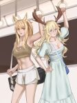  2girls :d alternate_costume animal_ear_fluff animal_ears antlers arknights arm_up bag bandages bangs bare_arms bare_shoulders blue_eyes blue_skirt breasts chest_sarashi cleavage commentary_request cowboy_shot crop_top eyebrows_visible_through_hair hand_on_hip highres indoors long_hair long_skirt looking_at_viewer medium_breasts midriff multiple_girls navel nearl_(arknights) nitric_acid_(nitrate2002) open_mouth puffy_short_sleeves puffy_sleeves sarashi short_shorts short_sleeves shorts silver_hair skirt smile sports_bra standing stomach vivienne_(arknights) white_shorts yellow_eyes 