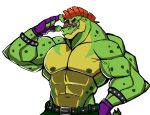  absurd_res anthro bottomwear bracelet clothed clothing crocodile crocodilian crocodylid darknaigart eyewear fingerless_gloves five_nights_at_freddy&#039;s five_nights_at_freddy&#039;s:_security_breach glasses gloves green_body hair handwear hi_res jewelry male mohawk montgomery_gator_(fnaf) muscular muscular_anthro muscular_male nipples non-mammal_nipples pants pecs red_hair reptile scalie scottgames simple_background solo topless video_games white_background 