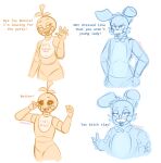  animatronic anthro beak blush blush_stickers bow_tie dialogue duo female five_nights_at_freddy&#039;s five_nights_at_freddy&#039;s_2 hi_res humanoid machine male nezubunn robot scottgames speech_bubble text toy_bonnie_(fnaf) toy_chica_(fnaf) video_games 