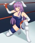  1girl animal_ears blue_leotard boots breasts cleavage collarbone covered_navel elbow_gloves elbow_pads eyebrows_visible_through_hair gloves hair_between_eyes highres knee_pads leotard light_purple_hair long_hair mattyakinako_(odango_imomushi) moon_rabbit one_eye_closed one_knee pain purple_hair rabbit_ears rabbit_girl red_eyes reisen_udongein_inaba rope shadow solo sweat touhou touhou_tag_dream white_footwear wrestler wrestling wrestling_outfit wrestling_ring 