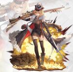  1girl absurdres bayonet black_legwear blonde_hair boots breasts brown_footwear brown_gloves brown_jacket brown_shirt brown_skirt chinese_commentary commentary_request cross elbow_gloves explosion fire full_body fur_trim garters gloves gun hat high-waist_skirt highres holding holding_gun holding_sword holding_weapon jacket jacket_removed karin_(masterwork_apocalypse) large_breasts looking_at_viewer lower_teeth masterwork_apocalypse medium_hair messikid military military_hat military_uniform multiple_straps official_art open_mouth orange_eyes peaked_cap rifle shirt skirt sniper_rifle solo sword teeth thighhighs uniform upper_teeth weapon zoom_layer 