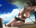  1girl absurdres abys alternate_costume bare_shoulders beach belt bikini black_belt breasts collarbone commentary_request dated day expressionless full_body girls&#039;_frontline green_bikini green_eyes green_shorts hair_between_eyes halo highres large_breasts lips long_hair looking_at_viewer lying ocean outdoors parted_lips shorts sideboob signature solo swimsuit ump40_(girls&#039;_frontline) underboob 