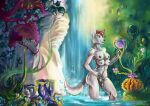 alien_planet animal_genitalia anthro balls bathing breasts canid canine cliff flower forest forest_background genitals gynomorph intersex looking_away mammal multi_breast nature nature_background nipple_piercing nipples nude piercing plant sheath silkyfangs solo tree waterfall 