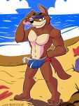  anthro beach canid canine canis clothing disney don_karnage ducktales ducktales_(2017) eyewear fizzyjay hi_res male mammal midriff muscular muscular_anthro muscular_male pinup pose seaside solo sunglasses swimming_trunks swimwear talespin wolf 