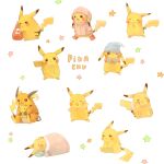  blanket character_name closed_eyes english_text hat highres ketchup_bottle lying mittens multiple_persona no_humans omelette_(chako3) open_mouth pikachu pillow pokemon raichu raincoat scarf simple_background sitting smile star_(symbol) waving white_background 