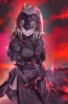  1girl blush breasts crossed_arms fate/grand_order fate_(series) feet_out_of_frame gloves helmet highres jeanne_d&#039;arc_alter_(fate) large_breasts looking_at_viewer magic rolua silver_hair smile solo sword weapon yellow_eyes 