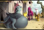  absurd_res avian bahnbahn_(artist) beak belly big_belly building equid equine eye_contact feathered_wings feathers female feral friendship_is_magic gabby_(mlp) gesture gilda_(mlp) group gryphon hasbro hi_res horn house hyper hyper_belly hyper_pregnancy long_tail looking_at_another mammal my_little_pony my_little_pony:_the_movie_(2017) mythological_avian mythology open_mouth plant pregnant purple_body tempest_shadow_(mlp) tree trio unicorn walking waving wings 
