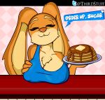  absurd_res anthro breasts chest_tuft clothed clothing digital_drawing_(artwork) digital_media_(artwork) english_text eyes_closed female food fur hi_res lagomorph leporid looking_at_viewer mammal maple pancake rabbit shirt simple_background smile solo tank_top text thirdstuff topwear tuft 