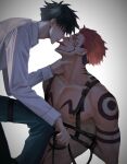 2boys arm_tattoo black_hair blue_eyes chest_harness chest_tattoo closed_mouth collared_shirt extra_eyes facial_tattoo fushiguro_megumi hair_between_eyes hand_on_another&#039;s_neck harness highres jujutsu_kaisen licking licking_another&#039;s_face licking_another&#039;s_lips long_sleeves looking_at_another makababazi male_focus multiple_boys muscular muscular_male pectorals pink_hair red_eyes ryoumen_sukuna_(jujutsu_kaisen) shirt short_hair shoulder_tattoo sideburns spiked_hair tattoo thigh_strap tongue tongue_out undercut white_shirt yaoi 