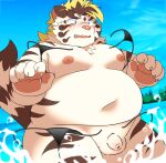  2022 anthro belly big_belly blush detailed_background felid flaccid genitals humanoid_genitalia humanoid_hands humanoid_penis kemono licho_(tas) lifewonders male mammal moobs navel nipples outside overweight overweight_male pantherine penis ptcmtr small_penis solo tiger tokyo_afterschool_summoners video_games water 