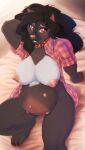  2022 anthro areola aryn_(the_dogsmith) black_hair bottomless breasts canid canine canis claws clothed clothing collar conditional_dnp digital_media_(artwork) domestic_dog feet female hair hand_behind_head hi_res long_hair looking_at_viewer mammal multi_nipple navel nipples outie_navel pattern_clothing pattern_shirt pattern_topwear pit_bull plaid plaid_clothing plaid_shirt plaid_topwear pregnant pregnant_female scappo shirt solo toe_claws topwear 