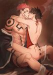  2boys abs anal arm_tattoo arms_around_neck ass black_hair black_nails blue_eyes closed_eyes cum cum_in_ass extra_eyes facial_tattoo french_kiss fushiguro_megumi highres jujutsu_kaisen kiss leg_tattoo makababazi male_focus multiple_boys muscular muscular_male nipples pectorals red_eyes ryoumen_sukuna_(jujutsu_kaisen) sex short_hair shoulder_tattoo sideburns size_difference spiked_hair straddling tattoo toned toned_male undercut undressing yaoi 