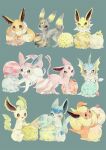  cherry eevee espeon flareon food fruit glaceon grey_background highres ice_cream ice_cream_cone jolteon leafeon no_humans one_eye_closed open_mouth pokemon simple_background smile socononoa sylveon tongue tongue_out umbreon vaporeon 