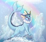  2021 :d ambiguous_gender animatics blue_body blurred_foreground eeveelution feral glistening glistening_eyes happy nintendo on_rock open_mouth pok&eacute;mon pok&eacute;mon_(species) rainbow rainbow_background raining rock simple_background smile solo splash tongue vaporeon video_games water 