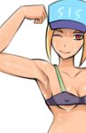  1girl arm_up armpits baseball_cap bikini blonde_hair breasts collarbone covered_nipples curvy eyeliner hat looking_at_viewer makeup one_eye_closed original red_eyes saberrung sidelocks simple_background sketch small_breasts smile sport_girl_(saberrung) sweat swimsuit white_background 