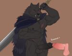  absurd_res anthro blaidd_(elden_ring) blush canid canine canis cape cape_only clothed clothing duo elden_ring erection fangs fromsoftware genitals hi_res human human_on_anthro interspecies male male/male mammal melee_weapon mostly_nude muscular muscular_male nipples partially_clothed partially_clothed_male penis scar seyrmo standing sword video_games weapon wolf 