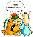  2013 anthro blonde_hair bowser clothing crown dialogue dress duo english_text female footwear hair half-closed_eyes hand_holding horn human jamesthereggie koopa male mammal mario_bros narrowed_eyes nintendo red_eyes red_hair rosalina_(mario) scalie shell simple_background speech_bubble super_mario_galaxy teeth text video_games white_background 