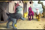  absurd_res avian bahnbahn_(artist) beak belly big_belly building edit equid equine eye_contact feathered_wings feathers female feral friendship_is_magic gabby_(mlp) gesture gilda_(mlp) group gryphon hasbro hi_res horn house long_tail looking_at_another mammal my_little_pony my_little_pony:_the_movie_(2017) mythological_avian mythology open_mouth plant purple_body tempest_shadow_(mlp) tree trio unicorn walking waving wings 