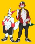  absurd_res balls chromamorph clothed clothing clothing_lift duo ear_piercing erection genitals hi_res humanoid_genitalia humanoid_penis lycanroc male midnight_lycanroc moobs nintendo nipples overweight penis piercing pok&eacute;mon pok&eacute;mon_(species) red_sclera shirt shirt_lift topwear video_games zangoose 