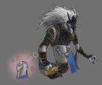  anthro armor canid canine cape clothing duo elden_ring embrace fur grey_body grey_fur hair headgear helmet hi_res hug human knight male maliketh_the_black_blade mammal monster ronnydie size_difference warrior white_hair 