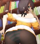  1girl absurdres ahoge ass ass_focus bare_shoulders black_bow blue_eyes book bookshelf bow bowtie brown_hair brown_legwear clothes_lift crop_top from_below green_panties highres hololive lifted_by_self long_hair looking_at_viewer looking_back looking_down lunch_boxer miniskirt natsuiro_matsuri naughty_face off-shoulder_shirt off_shoulder panties panties_under_pantyhose pantyhose pleated_skirt puffy_short_sleeves puffy_sleeves shirt short_sleeves side_ponytail skirt skirt_lift smile smirk solo striped striped_panties thighband_pantyhose underwear upskirt virtual_youtuber white_skirt yellow_shirt 