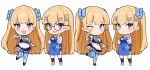  1girl bangs blonde_hair blush bow breasts chibi dress eyebrows_visible_through_hair glasses hair_bow hair_ornament hairclip highres large_breasts lina_(michihasu) long_hair looking_at_viewer michihasu multicolored_eyes multiple_views nail_polish one_eye_closed original simple_background striped striped_bow thighhighs v zettai_ryouiki 