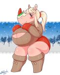  absurd_res animal_crossing anthro big_breasts blush blush_stickers boots breasts cleavage cleavage_cutout clothed clothing female footwear hair handwear hi_res huge_breasts looking_at_viewer mammal mehdrawings merengue_(animal_crossing) mittens nintendo ponytail rhinocerotoid snow solo sweater thick_thighs topwear video_games 