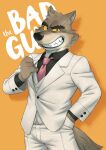  2022 anthro biped bottomwear brown_body brown_fur canid canine canis clothed clothing digital_drawing_(artwork) digital_media_(artwork) dreamworks english_text eyebrows fully_clothed fur hand_in_pocket hi_res male mammal mr._wolf_(the_bad_guys) necktie orange_background orange_sclera pants pockets portrait pose rossciaco shirt simple_background smile solo suit teeth text the_bad_guys three-quarter_portrait topwear wolf 