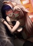  2girls absurdres animal_ears bare_shoulders bed_sheet bedroom blush bra breasts closed_eyes fox_ears garter_straps genshin_impact highres holding_another&#039;s_wrist holding_hands indoors interlocked_fingers kcirta_p licking licking_neck lingerie long_hair lying multiple_girls on_back on_bed one_eye_closed open_mouth panties pink_hair purple_eyes purple_hair raiden_shogun saliva sex strap_slip thighhighs tongue tongue_out underwear yae_miko yuri 