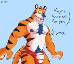  anthro blue_nose charlieleobo clothing dialogue digital_media_(artwork) erection felid frosted_flakes genitals hairy hi_res humanoid_genitalia kellogg&#039;s male male/male mammal mascot muscular muscular_anthro muscular_male nipples nude pantherine pecs penis simple_background solo tiger tony_the_tiger torn_clothing 