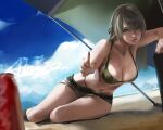  1girl absurdres abys alternate_costume bare_shoulders beach belt bikini black_belt breasts closed_mouth collarbone commentary_request dated day expressionless feet_out_of_frame girls&#039;_frontline green_bikini green_eyes green_shorts hair_between_eyes highres large_breasts lips long_hair looking_at_viewer lying ocean outdoors shorts sideboob signature solo swimsuit ump40_(girls&#039;_frontline) underboob 