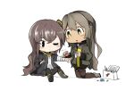  2girls bandages bangs black_legwear blush brown_eyes brown_hair closed_mouth eyebrows_visible_through_hair fingerless_gloves first_aid_kit full_body girls&#039;_frontline gloves grey_hair hair_between_eyes hair_ornament jacket knee_pads long_hair looking_at_another mimang_juun multiple_girls one_eye_closed one_side_up open_mouth pantyhose scar scar_across_eye scar_on_face shirt simple_background single_knee_pad sitting skirt symbol-shaped_pupils thigh_strap ump40_(girls&#039;_frontline) ump45_(girls&#039;_frontline) white_background white_shirt 