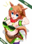  1girl :d animal_ears arm_up armpits bandana bandeau bangs bare_shoulders bikini bikini_under_clothes blue_eyes blush breasts brown_gloves brown_hair character_name commentary_request cowboy_shot detached_sleeves eyebrows_visible_through_hair front-tie_top gloves green_skirt groin hair_ornament hand_on_hip highres horse_ears large_breasts looking_at_viewer midriff miniskirt navel open_mouth ponytail purple_legwear short_hair short_sleeves simple_background skirt skirt_set smile solo standing star_(symbol) star_hair_ornament stomach strapless swimsuit taiki_shuttle_(umamusume) tail thighhighs tkka tube_top umamusume v white_background 