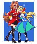  2girls :d @_@ black_skirt blonde_hair blue_coat blue_eyes blush boots breasts closed_eyes coat cousins dr._eggman dress eggmaam flying_sweatdrops genderswap genderswap_(mtf) glasses gloves green_dress hand_on_hip high_heel_boots high_heels highres laughing long_hair magicalm1a maria_robotnik multiple_girls orange_hair red_coat round_eyewear skirt smile sonic_(series) thighhighs white_gloves 