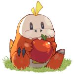  apple biting blonde_hair eating fangs food fruit fuecoco grass looking_at_viewer open_mouth pokemon pokemon_(creature) pokemon_(game) pokemon_sv rybiok shade sitting solo white_background 