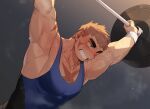  1boy armpits bara barbell bare_pectorals biceps brown_hair exercising gondom green_eyes highres male_focus manly muscular muscular_male original pectorals scar scar_on_chest scar_on_face short_hair solo sweat sweatdrop tank_top thick_arms thick_eyebrows veins weightlifting 