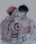 2boys abs arm_tattoo black_hair black_nails blood blue_eyes blush closed_mouth clothes_down covering_mouth extra_eyes facial_tattoo fushiguro_megumi hair_between_eyes hand_on_another&#039;s_hip hand_over_another&#039;s_mouth hickey highres jujutsu_kaisen looking_at_another makababazi male_focus multiple_boys muscular muscular_male open_mouth pectorals pink_hair red_eyes ryoumen_sukuna_(jujutsu_kaisen) shirt short_hair shoulder_tattoo sideburns smile spiked_hair tattoo toned toned_male undercut white_shirt yaoi 